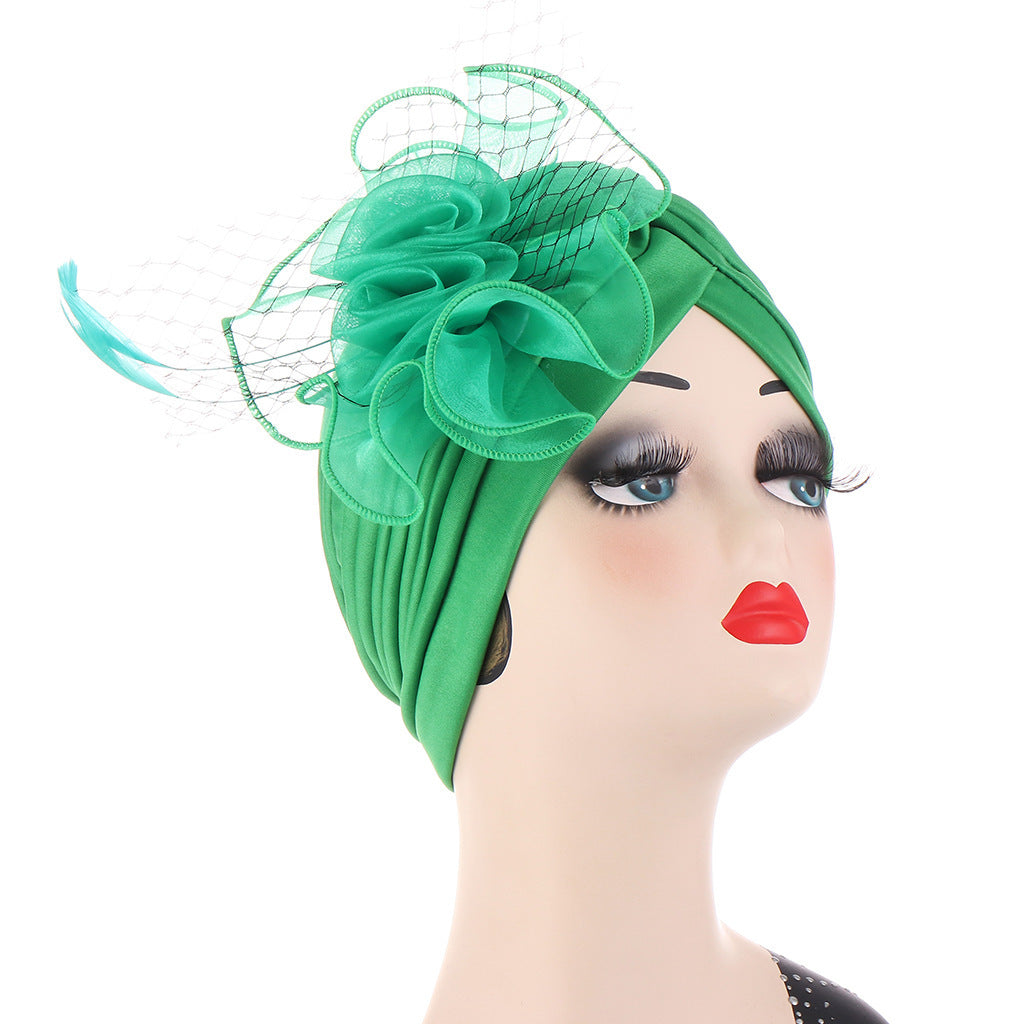 Multicolor Mesh Matching Feather Flower Muslim Hat