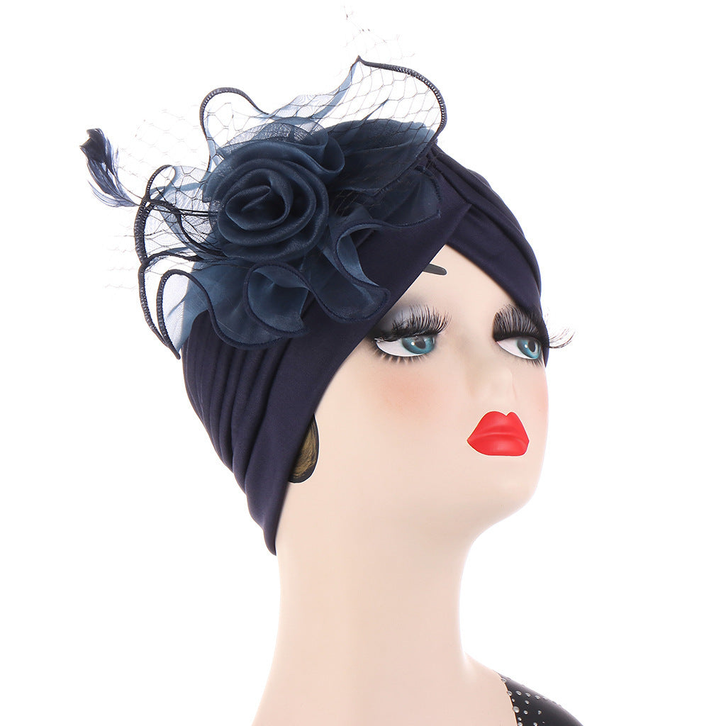 Multicolor Mesh Matching Feather Flower Muslim Hat