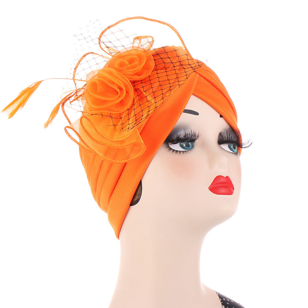 Multicolor Mesh Matching Feather Flower Muslim Hat