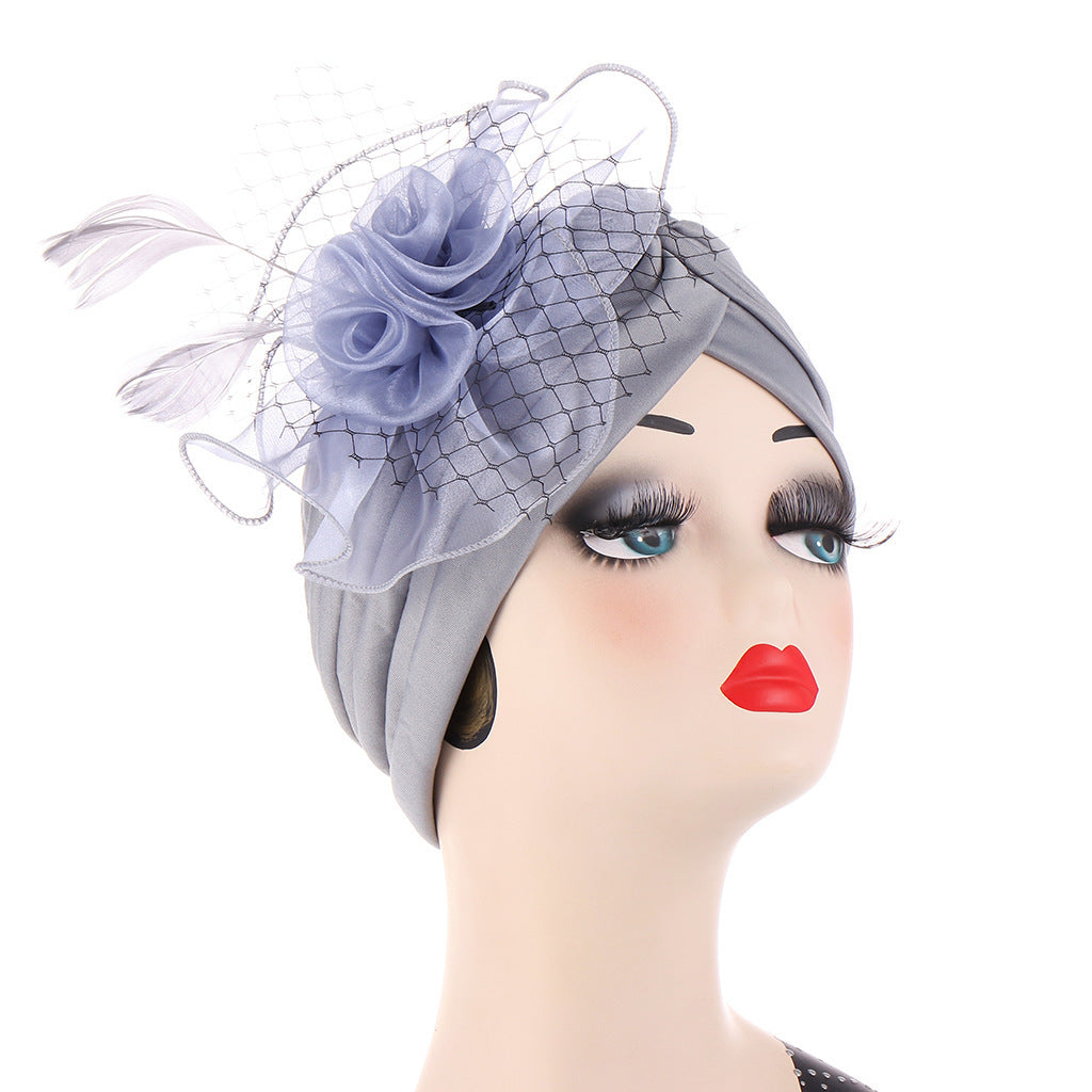 Multicolor Mesh Matching Feather Flower Muslim Hat