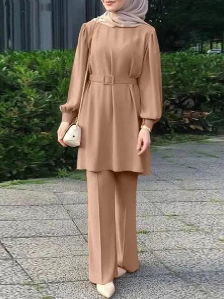 Middle East Muslim Round Neck Long Sleeve Belt Elastic Waist Top And Trousers Suit