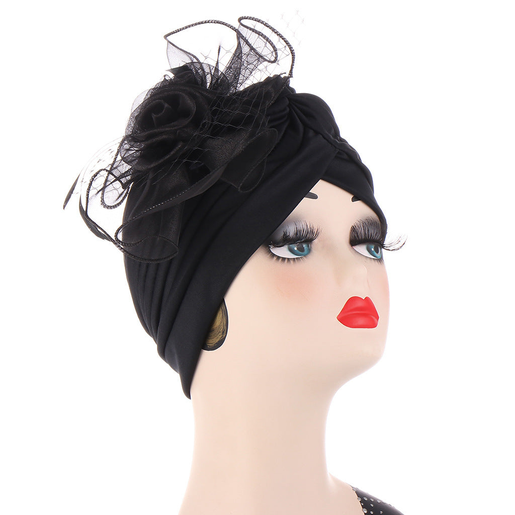 Multicolor Mesh Matching Feather Flower Muslim Hat