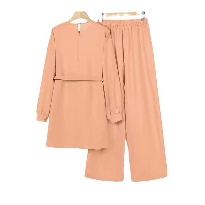 Middle East Muslim Round Neck Long Sleeve Belt Elastic Waist Top And Trousers Suit