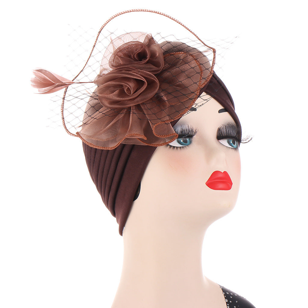Multicolor Mesh Matching Feather Flower Muslim Hat