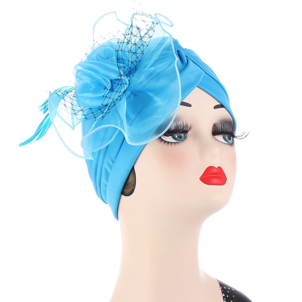 Multicolor Mesh Matching Feather Flower Muslim Hat