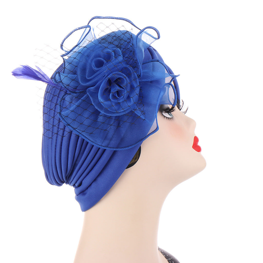 Multicolor Mesh Matching Feather Flower Muslim Hat