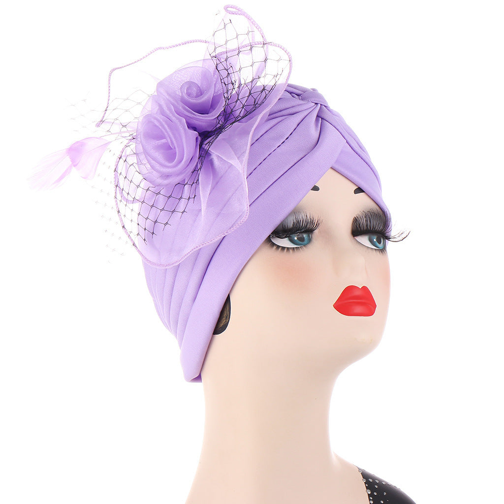 Multicolor Mesh Matching Feather Flower Muslim Hat